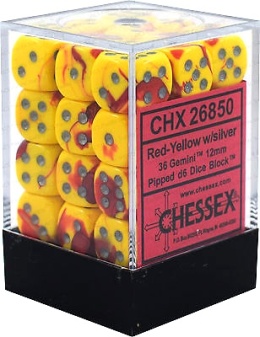 Chessex Gemini 12mm d6 Dice Blocks with pips Dice Blocks (36 Dice) - Red Yellow with silver