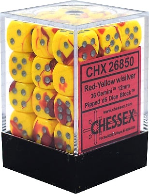 Chessex Gemini 12mm d6 Dice Blocks with pips Dice Blocks (36 Dice) - Red Yellow with silver Chessex Gemini 12mm d6 Dice Blocks with pips Dice Blocks (36 Dice) - Red Yellow with silver