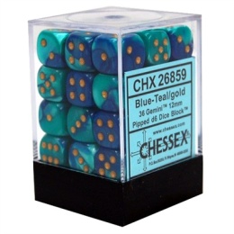 Chessex Gemini 12mm d6 Dice Blocks with pips Dice Blocks (36 Dice) - Blue Teal with gold