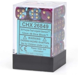 Chessex Gemini 12mm d6 Dice Blocks with pips Dice Blocks (36 Dice) - Purple Teal with gold