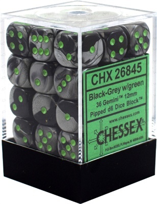 Chessex Gemini 12mm d6 Dice Blocks with pips Dice Blocks (36 Dice) - Black Grey with green Chessex Gemini 12mm d6 Dice Blocks with pips Dice Blocks (36 Dice) - Black Grey with green