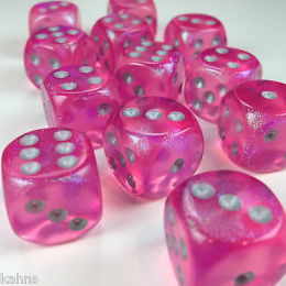 Chessex Borealis 16mm d6 Pink silver Luminary Dice Block (12 dice)
