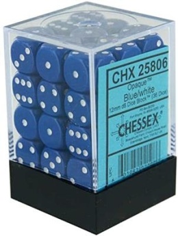 Chessex Opaque 12mm d6 with pips Dice Blocks (36 Dice) - Blue with white