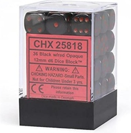 Chessex Opaque 12mm d6 with pips Dice Blocks (36 Dice) - Black with red