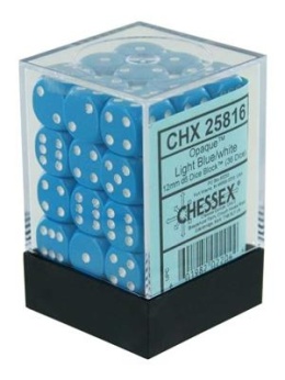 Chessex Opaque 12mm d6 with pips Dice Blocks (36 Dice) - Light Blue with white