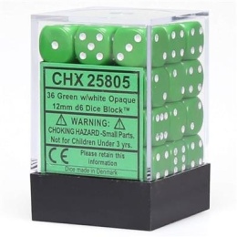 Chessex Opaque 12mm d6 with pips Dice Blocks (36 Dice) - Green with white