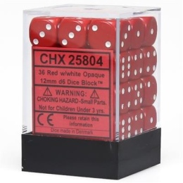 Chessex Opaque 12mm d6 with pips Dice Blocks (36 Dice) - Red with white